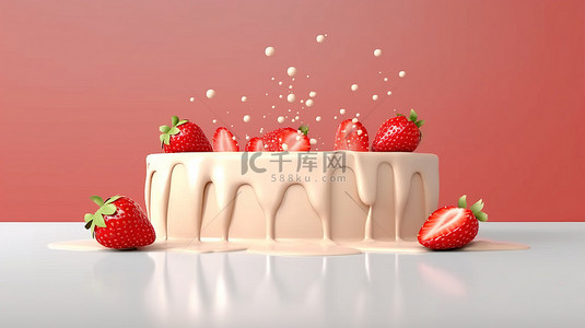 空置的展位准备以 3D 形式展示带有层叠草莓和奶油的产品