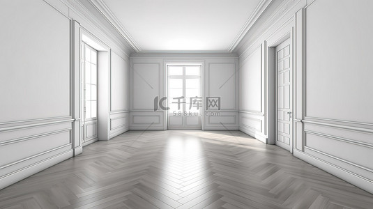 朴素的白色房间，配有镶木地板门和大窗户 3D 渲染