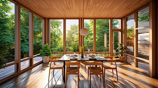 现代房屋的木制露台拥有令人惊叹的用餐区，并配有 3D 全景图