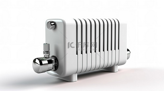 数字无线散热器恒温阀作为白色背景上的家庭气候控制系统的 3D 渲染