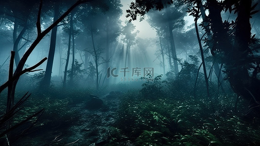 绿洲背景图片_丛林森林雾夜白雾中黑树的迷人 3D 插图