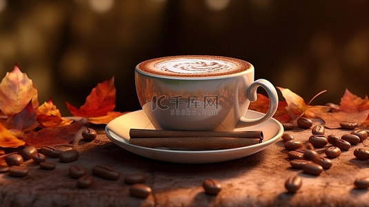 卡咖啡背景图片_迷人的秋季美学 3D 渲染一杯美味的巧克力肉桂卡布奇诺