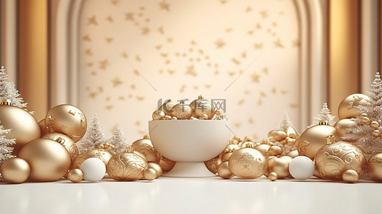 新年快乐金背景图片_节日讲台上装饰着金色的小玩意，圣诞快乐或新年快乐 3D 渲染