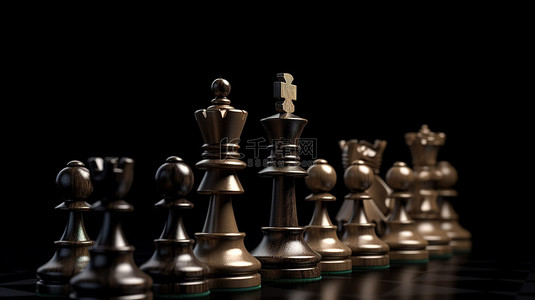 黑色背景 3D 渲染中说明的国际象棋领导概念