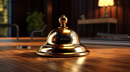 酒店管理背景图片_带黄铜酒店接待铃的木桌 3D 插图
