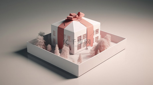 小礼品样机背景图片_房地产概念礼品盒中的房子 3d 渲染