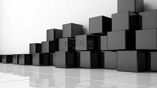 空白白墙背景上的 3d 渲染黑色立方体