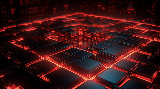 红色方形背景图片_带有红色霓虹灯方形渲染的抽象未来派高科技背景