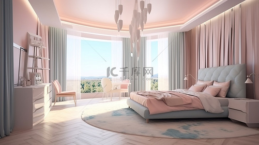 设计优雅的主卧室的 3D 渲染，色调柔和