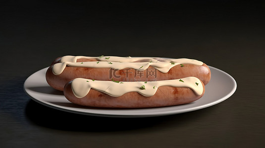 多汁的香肠淋上奶油蛋黄酱 3D 渲染图像
