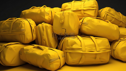 旅行黄色背景图片_3d 渲染中的黄色行李堆