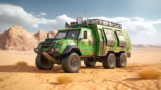 先进的 3D 插图，展示了一辆装备精良的绿色运动卡车，旨在征服沙漠地形