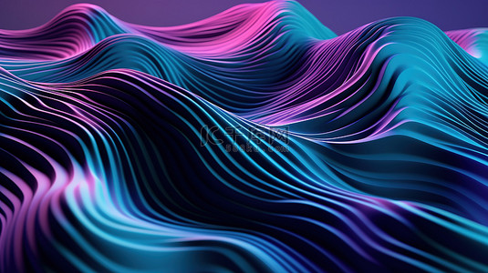 充满活力的抽象波纹形状 3D 渲染插图，带有彩色紫色和蓝色背景
