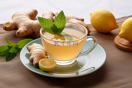 姜叶背景图片_姜茶和柠檬叶放在平板上