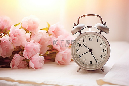 一个白色的大闹钟坐在一些粉红色的花朵旁边