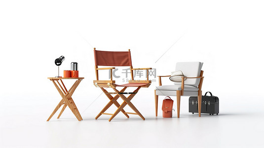 电影导演椅电影拍板和扩音器环绕白色背景 3D 渲染的办公椅