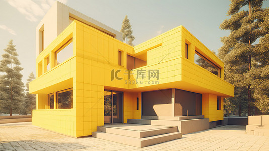 闪闪发光的黄色当代住宅 3D 渲染杰作