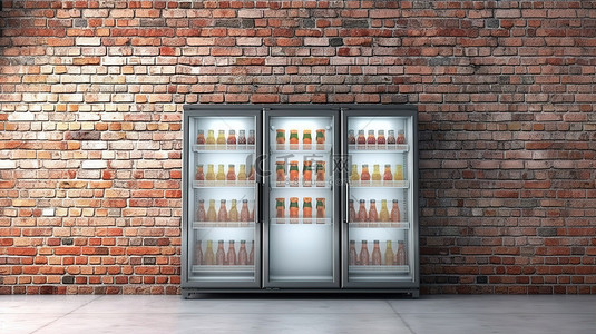 以 3d 渲染的砖墙，玻璃门冰箱里放着提神饮料