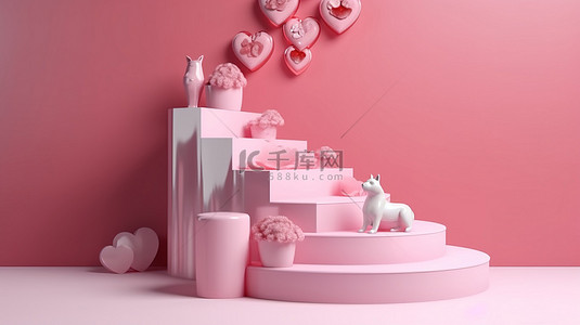 情人节主题 3d 讲台呈现粉红色调，用于展示产品