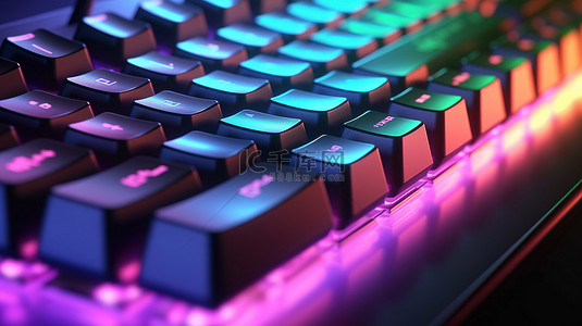 带 RGB 照明的时尚黑色背光游戏键盘 3D 渲染