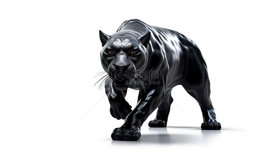 白毛皮背景图片_光滑的黑豹独自站在白色背景上，具有 3D 渲染