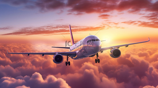 令人惊叹的 3D 插图，展示一架商用飞机在迷人的日落期间翱翔在云层之上