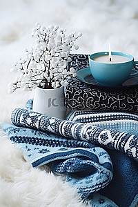 冬天的树枝背景图片_一根树枝放在一堆蓝白色的针织物上