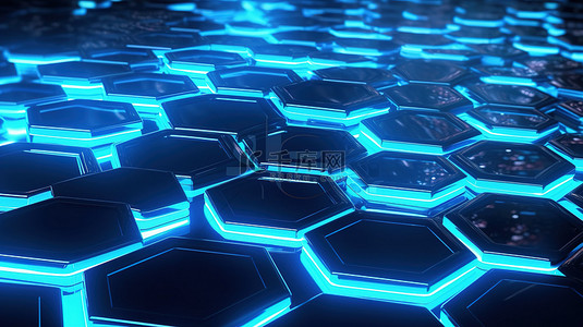 3d蜂窝网背景图片_3D 渲染的蓝色六边形图案，具有辐射发光
