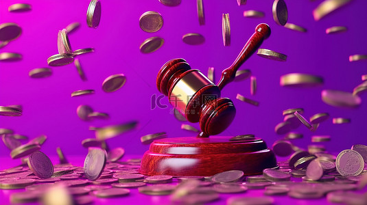 3d 渲染插图法官的木槌和紫色背景的硬币象征法院仲裁和判决的概念