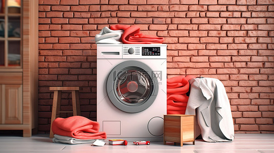 堆洗衣服背景图片_整齐地堆放的衣服在光滑的洗衣机顶上，靠在 3D 渲染的砖墙上
