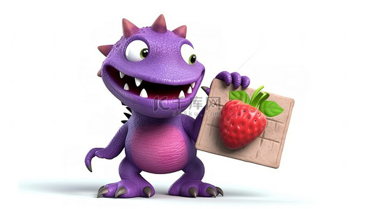搞笑的 3D 紫色恐龙举着牌子和草莓