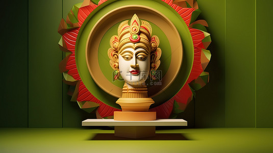 带有 3D 渲染的 onam kathakali 脸的最小讲台场景非常适合在创意广告中展示产品