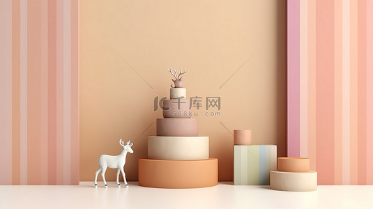 紫色人物背景图片_节日驯鹿，配有礼品讲台，软奶油和米色背景 3D 舞台渲染