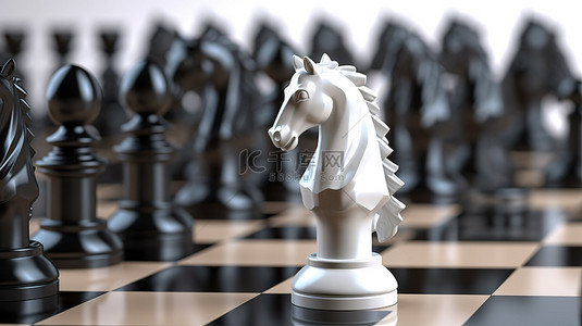 棋子背景图片_黑骑士高耸于一系列白色棋子之上的 3D 插图