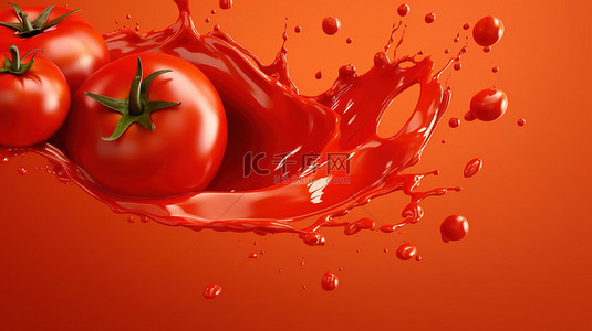番茄一筐背景图片_绚丽的红色背景与番茄和多汁的飞溅番茄酱番茄酱和酱汁的 3D 呈现