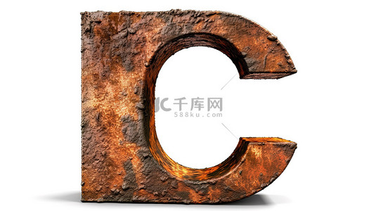 生锈的金属 3d 渲染大写字母 c，白色背景上有氧化纹理