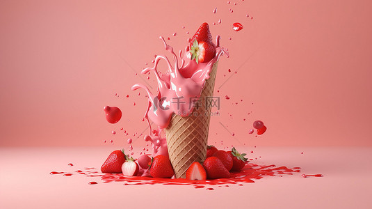 3d 渲染中的草莓锥体，在充满活力的粉红色背景上漂浮着草莓和粉红色飞溅