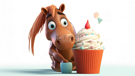 一个幽默的 3D 人物马，手里拿着美味的纸杯蛋糕