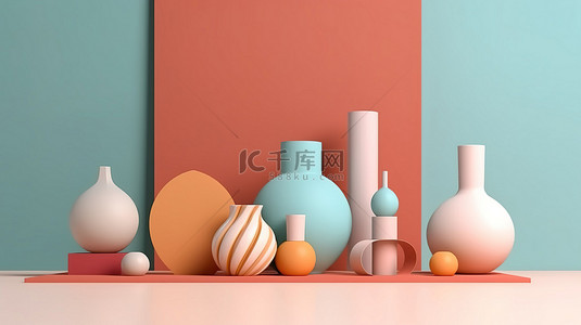 柔和色彩的花瓶和抽象形状的和谐排列，3D 渲染的平衡概念