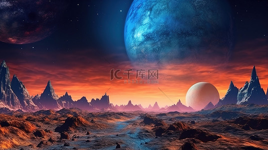 超凡脱俗的景观发光的蓝色行星表面与橙色山脉星空和月球存在在 3D 渲染
