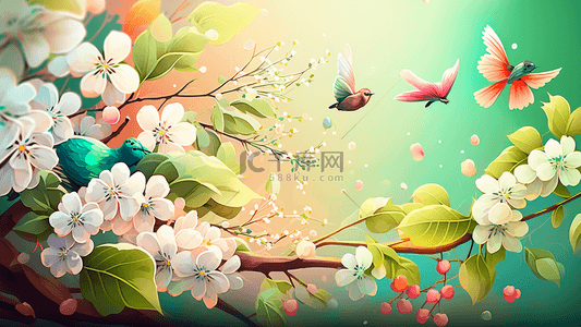 春季花枝鸟漂亮插画背景