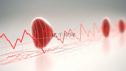 白色背景上带有脉冲线的红心图标的 3D 渲染插图