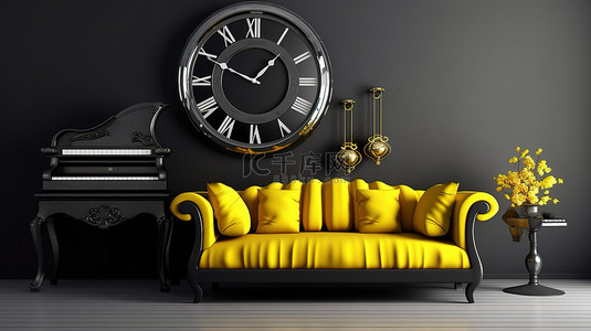 钢琴优雅背景图片_优雅的黑色空间，配有黑色和黄色大钢琴古董钟和沙发 3D 渲染