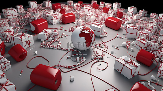 欧洲的。红色的背景图片_以欧洲为中心的世界在 3D 渲染中被附在白色和红色电脑鼠标上的礼物所包围
