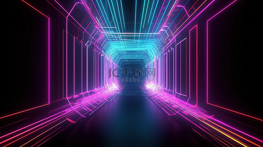 充满活力的激光在 3D 渲染的霓虹灯隧道中展示一个方形门拱的抽象背景，带有粉色蓝色光谱