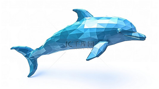 白色背景下蓝色海洋或大海中宽吻海豚的低聚风格 3D 渲染