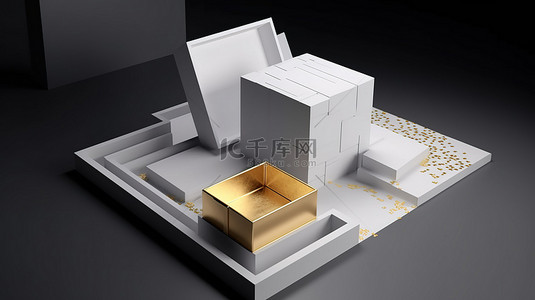 生日礼盒背景图片_3D 渲染礼盒中显示的奢华几何元素和空白纸