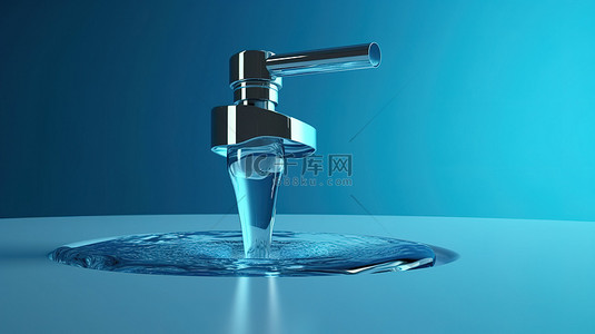 面盆龙头背景图片_蓝色背景上水龙头和流动溪流的孤立 3D 插图