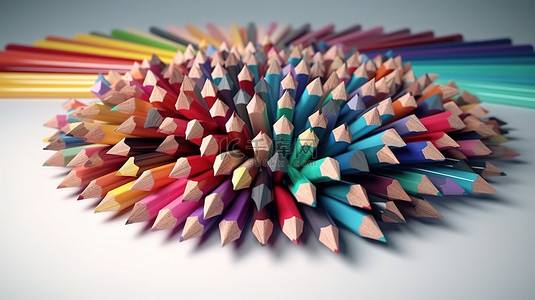 彩色铅笔排列通过 3D 渲染变得栩栩如生