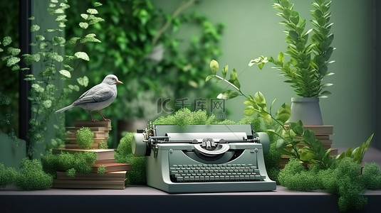 装饰鸟和盆栽植物的 3D 渲染背景装饰在壁龛中的墙壁模型，桌上有打字机和书
